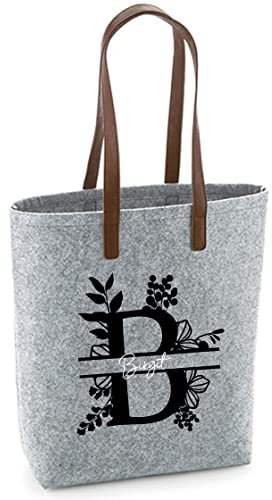 Filztasche Damen-Shopper mit Motivdruck | Bedruckt und Personalisiert mit Floralem Monogramm Blumen Name | Einkaufstasche Geschenk (Hellgrau)