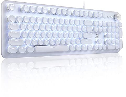 ZDawnn Gaming Keyboard with Retro Punk Typewriter Style. Blue Switch, Stylish White Backlight and White Mechanical Keyboard, Wired USB-A. for Game and Work.