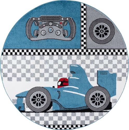Carpetsale24 Runder Kinderteppich Rennwagen Ø160 cm – Großer Spielteppich für Jungen – Buntes Autorennen Design & Hautfreundlich