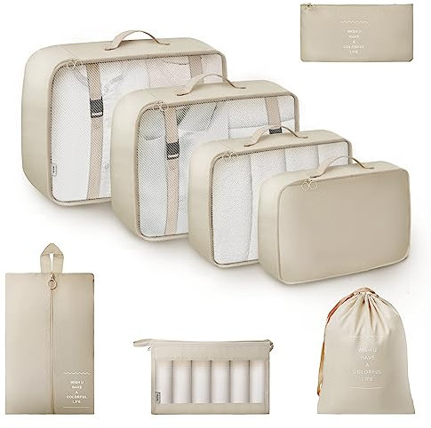 GRANNY SAYS Organizer Valigia, 8 Pezzi Organizer da Viaggio Salvaspazio per Valigie con Cerniera, Packing Cubes, Sacchetti per Valigia, Set Organizer per Valigia, Organizzatori Valigia Viaggio, Beige
