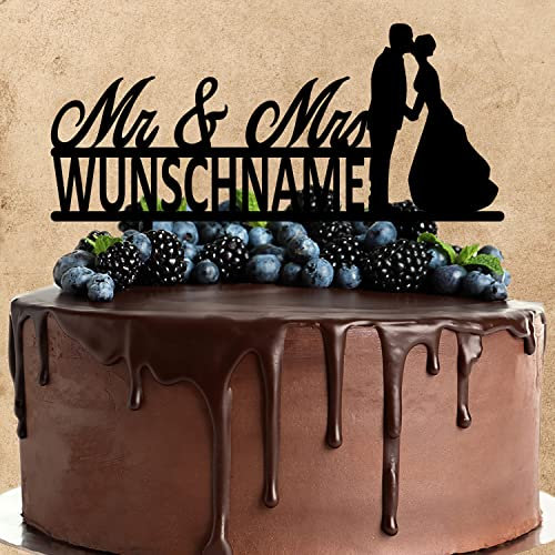 Wunschtext Cake Topper aus Acryl zur Hochzeit | Mr & Mrs | personalisiert mit Wunschnamen | Kuchendeko Tortenstecker | schwarz | Kuchendekoration und Tortenschmuck 100% Made in Germany