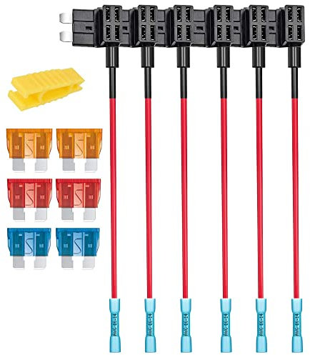 Gebildet 6pcs 12V 24V Standard Add-a-Circuit Fuse Tap With Heat Shrink Terminals, ATS Medium Piggy Back Blade Holder With Wire Harness, 6pcs Standard Fuse (5A/10A/15A) and Puller