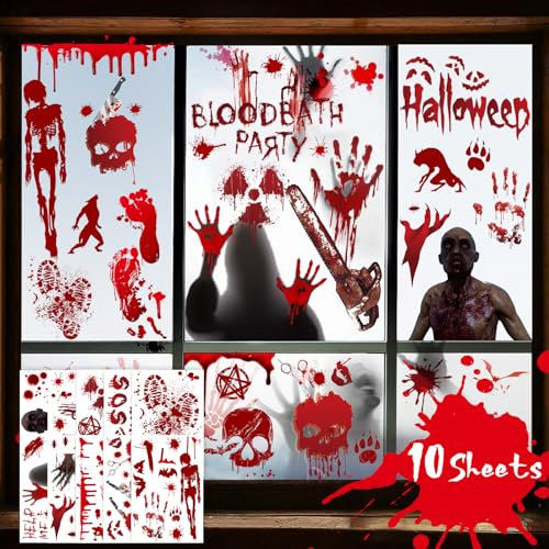 BBLIKE 10 Blätter Halloween Fensterbilder, Grusel Halloween Deko, Fensteraufkleber mit Blutige Handabdrücke, Zombie Silhouetten, Fensterdeko für Halloween Glastüren, Tür, Window, Halloweenparty Deko