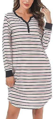 Nieery Womens Nightdresses & Nightshirts Long Sleeve, Cotton Nighties Nightgown Sleep T Shirt Dress Loungewear with Pockets (White+Pink+Black, L)