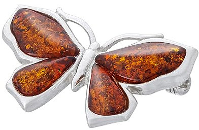AMBEDORA Broche Femme en Argent avec Petit Papillon et Ambre, Argent Sterling Poli, Ambre Baltique de Couleur Cognac