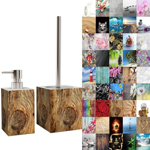Sanilo Badezimmer Set, Seifenspender und WC Bürste mit Motiv, große Auswahl, Klobürste ohne Bohren, schöne Designs (Rustikal)