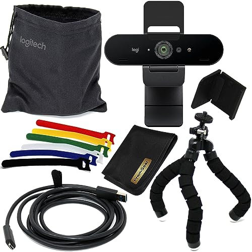 Logitech Brio Ultra 4K HD Pro - Cámara web para PC y portátil, para videoconferencias y juegos, con micrófono con cancelación de ruido, cubierta de lente de cámara, bolsa + trípode flexible PremGear