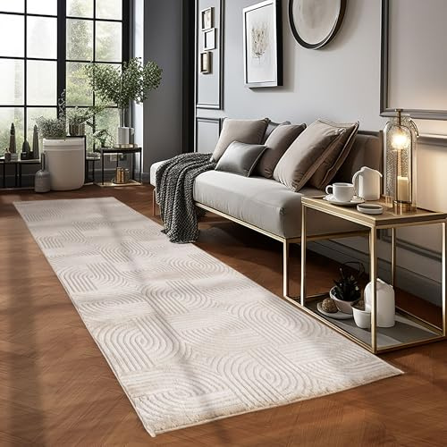 Carpetsale24 Kurzflor Teppich Läufer 80x250 cm Beige Modern Skandinavisch Boho Design Einfarbig 3D Effekt Weich Waschbar Pflegeleicht für Flur Eingang Küche Schlafzimmer