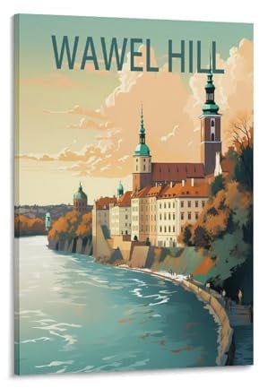 Wawel Hill Polen Vintage Reiseposter Landschaft 50 x 75 cm Leinwand Wandkunst Poster für Wohnzimmer Dekor Gemälde für Heimdekoration