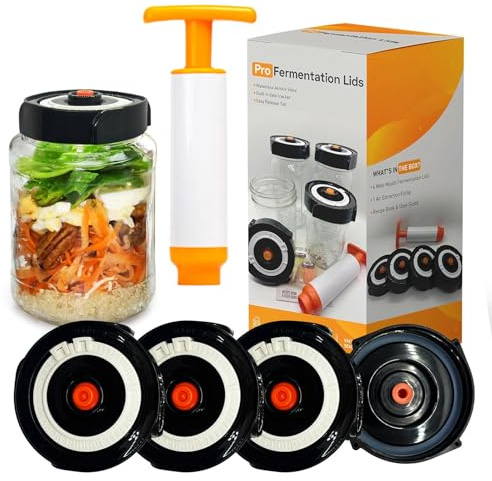Fermenter lids - Home Fermentation Kit With 4 Wide Mouth Fermenting Lids With Airlocks, Oxygen Extraction Pump, Ideal For Sauerkraut, Kimchi, Pickles & Fermented Vegetable