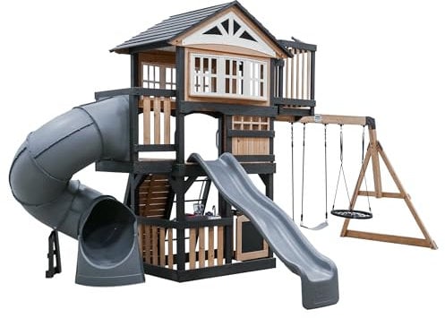 Backyard Discovery Magnolia Falls | Outdoor Playground for Kids, Garden Play Equipment for Children | All Cedar Wood Playset/Climbing Frame Complete with Two Slides, Two Belt-Swings & Web Swing