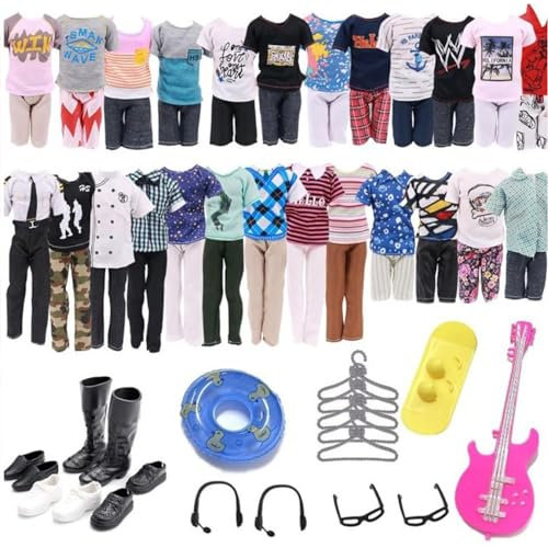 21PCS Kleidung für Jungen Puppen - 5 Sets Mode Freizeitoutfits, 4 Paar Schuhe, Schwimmrad, Gitarre, Surfbrett, 2 Brillen, 2 Kopfhörer - Für 30cm Ken Puppen