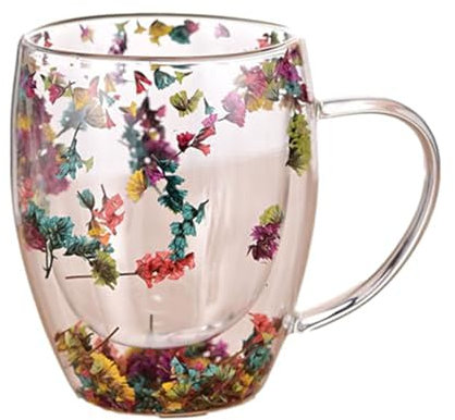 Liummrcy Tazas de vidrio, taza de café doble de paredes 350ml tazas de café de vidrio seco de flores secas, taza de vidrio de café con manijas de café transparente para té de jugo, flor conservada