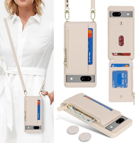 SailorTech Handyhülle für Google Pixel 7a Etui mit Kartenfach, Google Pixel 7a Hülle mit Verstellbarer Halskette, Google Pixel 7a Handytasche mit Reißverschluss Geldbörse-Aprikose