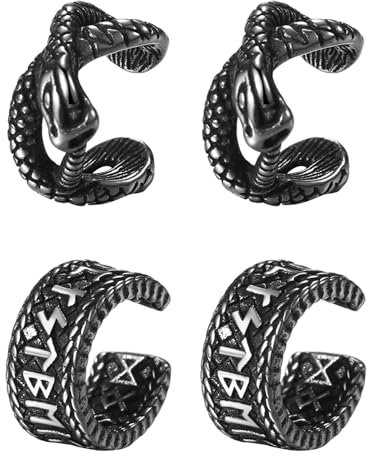 JewelryWe 2 Paar Ohrklemme Knorpel Ohrclips: Edelstahl Nordische Wikinger Runen Schlange Ohr Manschette Nicht Piercing Ohrringe Fake Ohrstecker Ohne Ohrloch Amulett Schmuck für Herren Damen Silber