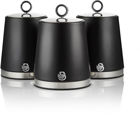 Swan SWKA18536BLK Serenity Set of 3 Kitchen Storage Canisters for Tea, Coffee, and Sugar with Smooth Matt Finish and Stainless Steel Accents, 1.3L, Black