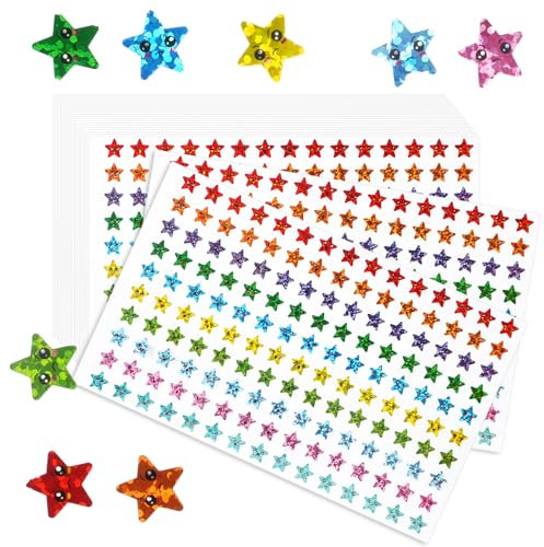 6750 Stück Glitzer Sticker Sterne, Selbstklebende Glitzer Aufkleber, Smiley Sterne Aufkleber, 1cm Glitzer Sticker, Laser Belohnungssticker, Sterne Sticker für Schüler Belohnung, DIY(45 Blätter)