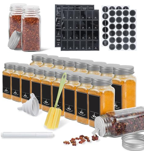 HENGMEI Gewürzgläser Eckig Set 24er Gewürzdosen Set 120ml Spice Gewürzdosen Gewürzbehälter Gewürzstreuer mit Trichter, Leeren Aufklebern, Reinigungsbürste, Sieben, Silber Aluminiumdeckel