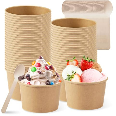 BORDEAG Coppette Gelato Carta,50 Pezzi 240 Ml Coppe Gelato In Carta Con 50 Cucchiai Di Legno,Carta Coppette Gelato,Coppe Gelato In Cartone,Coppe Gelato Carta Per Coppe Gelato,Yogurt