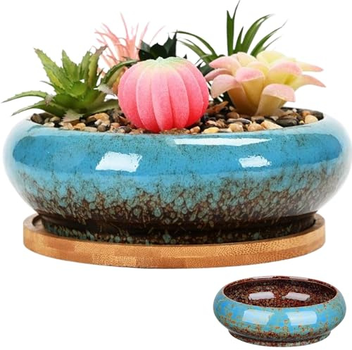 SMELEYOU Lotus Bowl Planter for Lotus Flower Seeds Ceramic Glazed Plant Pots Indoor Round Bonsai Pot Decorative Shallow Hydroponic Planter without Drain for Water Lily, Blue
