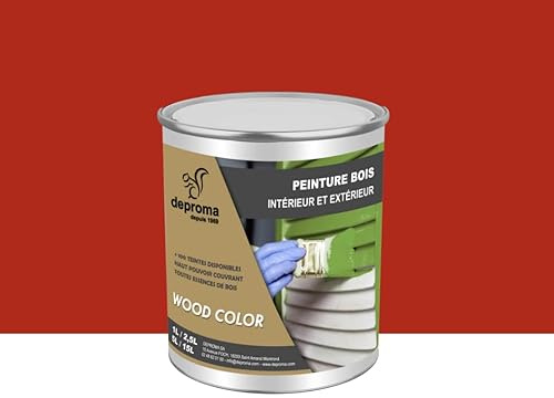 DEPROMA Peinture bois intérieur et extérieur SATIN - Qualité professionnelle (Rouge Feu - RAL 3000, 1 Litre)
