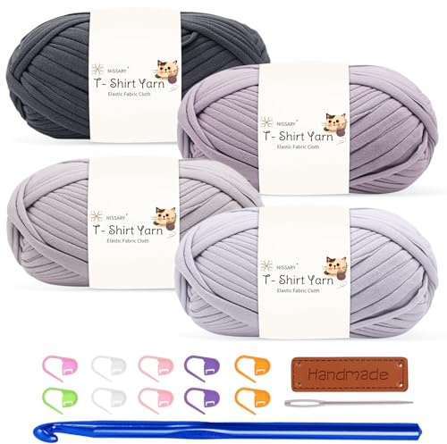 Tshirt Garn 4x100g Häkelgarn für Taschen, Häkelgarn Bändchengarn Baumwollgarn für Häkeln, Textilgarn mit 10mm Häkelnadel & Zubehör – Ideal für Taschen, Körbe & Textilprojekte