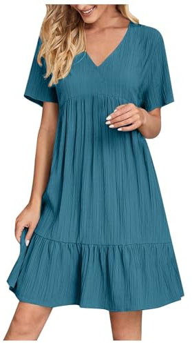 HAOLEI Robe Femme Chic Et Elegant Col V Manches Courtes éTé BohèMe Tunique Robe Ample A-Line Mi-Longue Dress Grande Taille DéContractéE Robes Couleur Unie Taille Haute Robes pour FêTer Vacances Plage