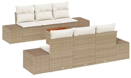 vidaXL Garten-Sofa-Set mit Kissen 7 pcs Beige Poly Rattan, Modulares Garten-Sofa-Set, rechteckig, verstellbare Füße, strapazierfähiges Poly-Rattan, Lounge-Möbel
