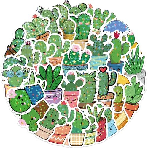 50Stück Holographische Kaktus Aufkleber für Kühlschrank,Motorrad,Fahrrad,Auto,Laptop,Niedliche Pflanze Wasserdicht Vinyl Sticker,Kinder Mädchen Geschenk,Aesthetic Grüne Cactus Graffiti Stickers