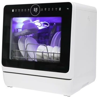 eklipt Portable Countertop Dishwasher, Mini Dishwasher, 4.8L Built-in Water Tank, 8 Programmes, Water Softener, Drying Function, Touch Control & 360° Dual Spray, Hose/No-Hose Setup, for Home & Apt