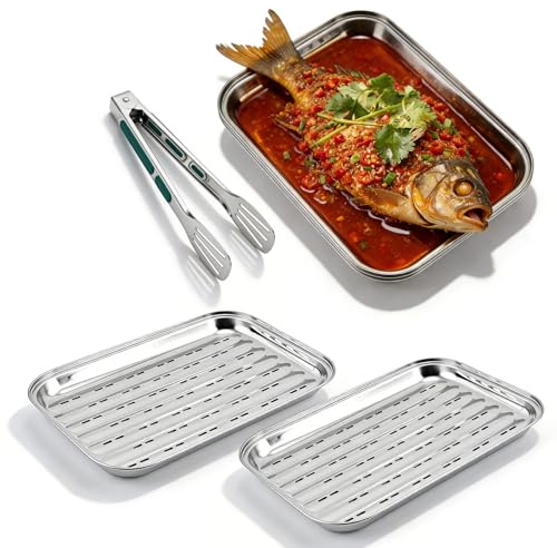 3er Set BBQ Grillschalen aus Edelstahl, 34.5 x 24.5 x 2.5 cm Wiederverwendbare Grillkorb Gemüsekorb Aussenbereich Zubehör für Fisch oder Fleisch für Gas-, Elektro- und Holzkohlegrill (3P)