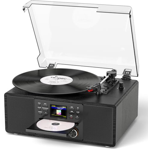 Reproductor de discos de vinilo Bluetooth con CD y radio por Internet, tocadiscos de 3 velocidades con grabación USB, salida AUX/RCA, tono y control remoto, reproductor de vinilo negro vintage para