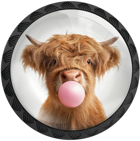 Artinhand 4 Pack Highland Cow Blowing Bubble Cabinet Knobs for Kitchen