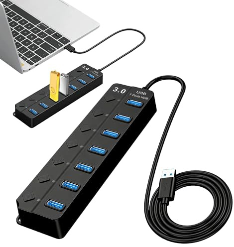7-Port USB 3.0 Hub, 2m, USB Multiport Adapter Splitter | Multi USB Port Hub with Individual Switches and Lights, High-Speed Data Extender for PC, Laptop, Printer and More