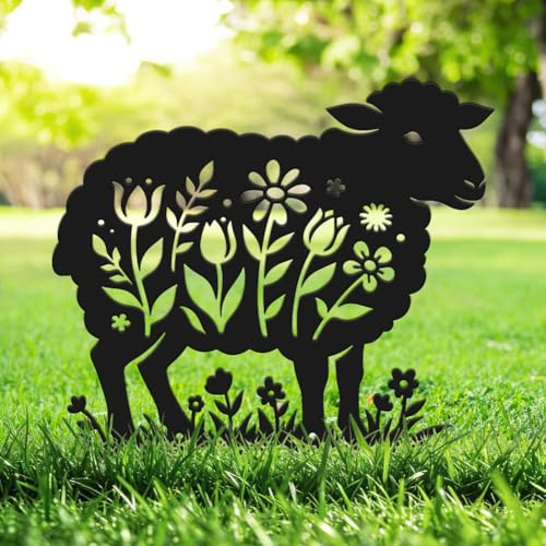 SUPERDANT 1 Stück Großes Metall Schaf Rasen Deko Garten Hof Stange Schild Schwarz Eisen Blume Ausschnitt Tier Silhouette Für Draußen Bauernhof Weg Hofhaus Dekoration Geschenk 30x26cm
