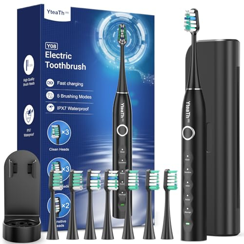 Brosse À Dent Électrique Soniques Adulte avec 8 Têtes, Noir Charbon