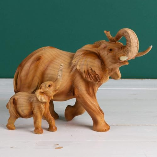 Wood Effect Elephant and Baby Ornament