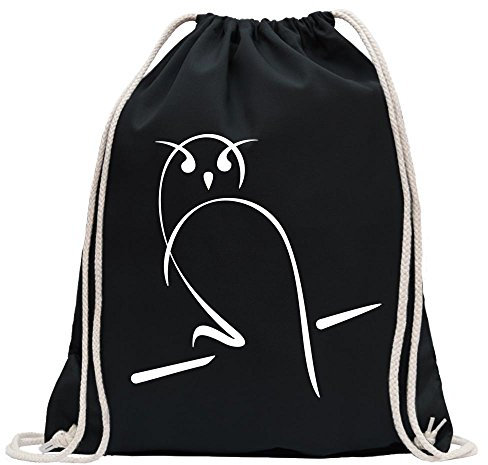 Kiwistar - Turnbeutel - schwarz - Eule - Fun Rucksack Sport Beutel Gymsack Baumwolle mit Ziehgurt
