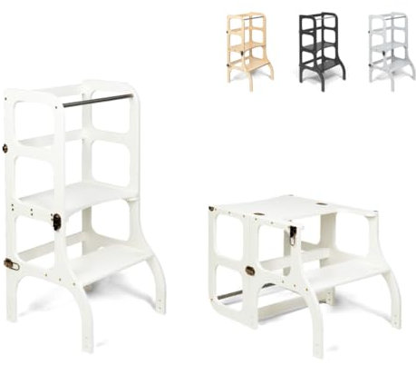 Ette Tete STEP'n'SIT® • Wandelbare Montessori Lernturm + Tisch, 2 in 1 (Mit Messingverschlüssen, Weiß)