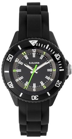 s.Oliver Kinderuhr - Rund - Schwarz - 38 mm - Uhr aus Kunststoff mit Quarzwerk am Silikonband mit Dornschließe - Analoge Armbanduhr - 5 ATM wasserdicht - Kratzfest