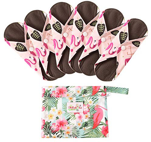7 Stück/Set Waschbare/Wiederverwendbare Slipeinlagen mit Holzkohle Absorbency Menstruation-Pads Waschbare Stoffbinden, Wiederverwendbare Binden (Klein- 20cm/8.2 inch, Flamingo)