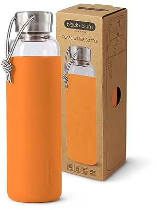 Black+Blum Glass Leak-Proof, Lightweight Travel Water Bottle with Protective Sleeve, Stainless Steel, Nylon, Polypropylene and Silicone, Orange, 600 ml