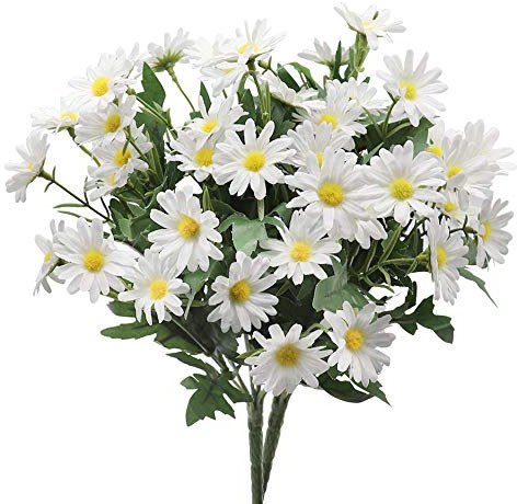 CCUCKY 2 Stück Gänseblümchen Blumen, 24 Köpfe je, ländliche Stil Simulation Kunststoff Blumen für Tischfenster Balkon Home Decor (Weiß)