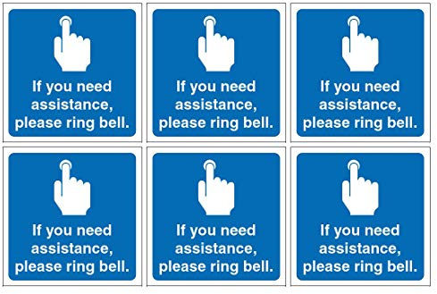 Pack of 6 If You Need Assistance Please Ring Bell Signs Size 120mm x 120mm Self Adhesive Stickers Ideal for Shops Doctors surgery's Schools