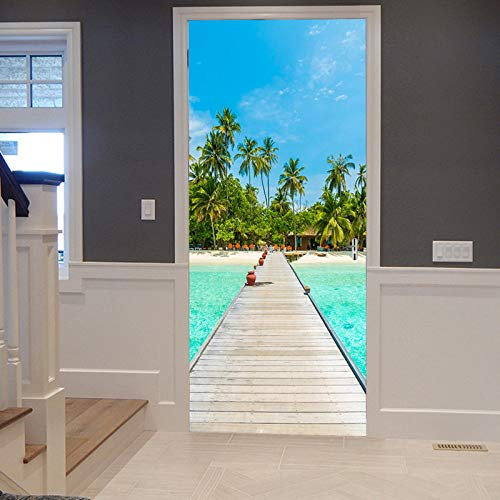 A.Monamour Sticker Porte Autocollant Poster de Porte 3D Île Tropicale Maldives Palmier Plage Bord De Mer Nature Paysage Vinyle Affiche de Porte Sticker Mural Papier Peint Art Décor 90 x 200 cm