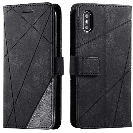 SONWO Hülle für iPhone X/iPhone XS, Premium Leder PU Handyhülle Flip Case Wallet Silikon Bumper Schutzhülle Klapphülle für iPhone X/iPhone XS, Schwarz