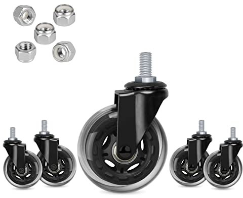 Hirate 3 Office Chair Casters Wheel with 3/8-16UNC Threaded Stem Heavy Duty Caster Replacement Smooth Rolling for Hardwood Floors, Set of 5 with Nylon Lock Nuts