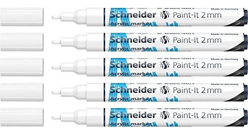Schneider 120149 Paint-It Acrylstifte (mit 2 mm Rundspitze, hochdeckende Acrylfarben für Holz, Leinwand, Stein uvm.) 5er Pack, weiß
