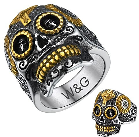 GoldChic Benutzerdefinietrer Totenkopf Ring mit Eigenem Namen 316L Edelstahl Schädel Ring Biker ring für Herren Männer Punk Gotik Bandring Skull Ring in Silber und Gold Ring Größe 62.1(19.8)