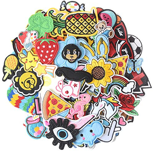 70Pcs Random Assorted Iron on Patches, Cute Sew on/Iron on Embroidered Applique Patches for Jackets, Hats, Backpacks, Jeans, DIY Accessories